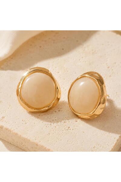So Much Accesories Gold Color Cream Stone Large Size Curved Stud Earrings