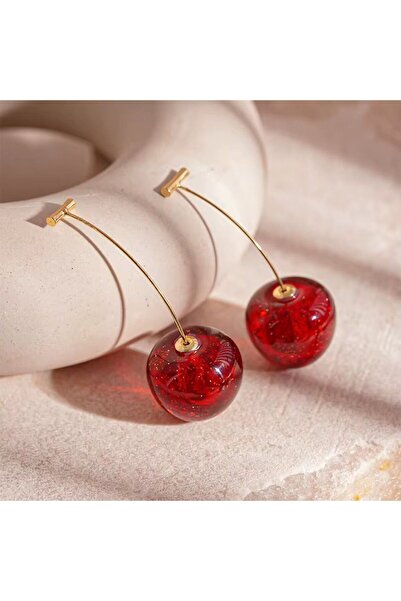 So Much Accesories Simli Kiraz Küpe Gold İnce Kancalı Bordo Sallantılı Parlak...