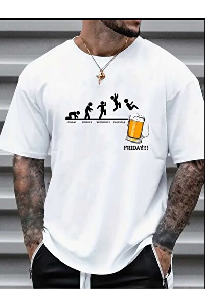 JENOLAN Tricou oversize pentru bărbați cu imprimeu Friday Beer Casual Boyfirend