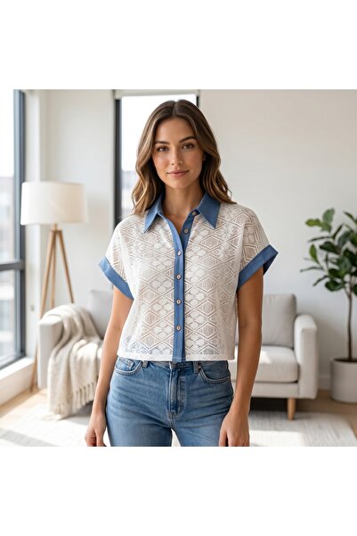 Roma Summer Lace Blouse with a Fashionable "Denim" Touch