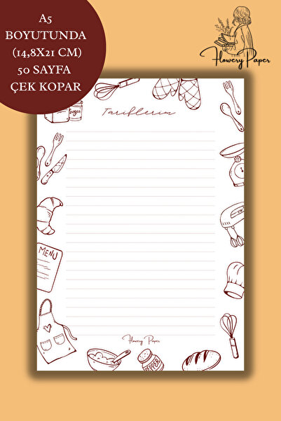 Flowery Paper Tarif defteri Çek -Kopar 50 yaprak, Konsept defter, Notepad