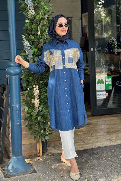 Kayra Kadın %100 Pamuklu Gömlek Yaka Düğme Kapamalı Jakarlı Denim Uzun Tunik