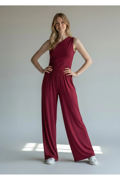 Zora Butik Tek Omuz Büzgülü Tulum - BORDO
