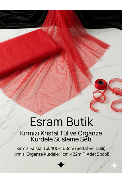 Esram Butik Kırmızı Kristal Tül 100cmx150cm Ve 1cm 22 mtre Organze Süsleme Se...
