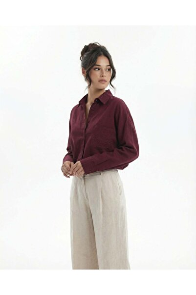 CKM MODA Konule Embroidery Pocket Detailed Oversize Shirt Burgundy