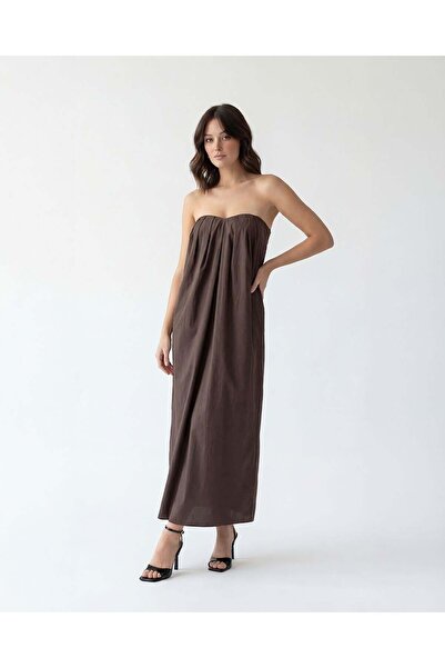 CKM MODA Asca Pocketed Slit Detailed Dress Brown
