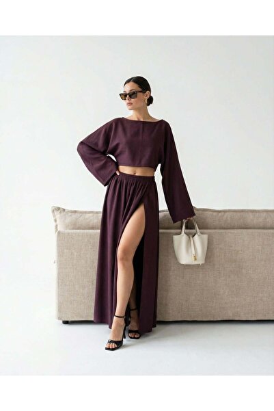 CKM MODA طقم سيليا المزدوج باللون الأحمر الداكن