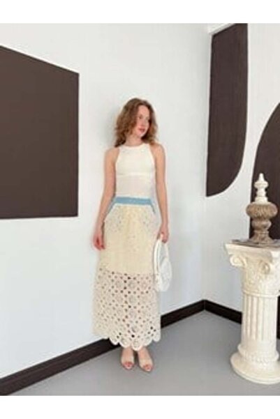 CKM MODA Kasi Kot Detailed Lace Skirt Yellow