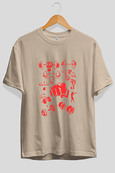 Ankhises Gym Oversize Front Printed Beige T-Shirt 100% Cotton Streetwear Prem...