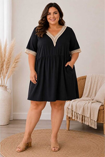 NO BRAND Rochie de Vară Neagră cu Detalii din Dantelă Croșetată, Mărimea 3XL