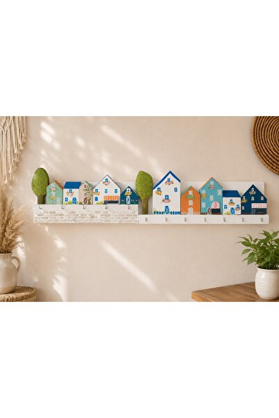 EL YAPIMI Ahşap Evler Temalı Anahtarlık Askılığı 53x13 cm | Bohem Dekoratif D...