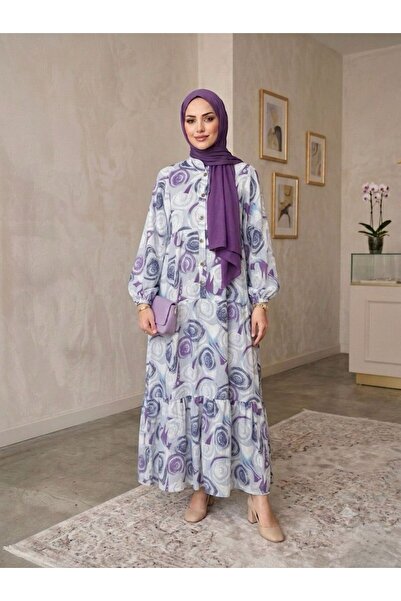 ECEYLÜL MODA Women's Modal Cotton Shawl Patterned Loose Cut Islamic Dress - C...