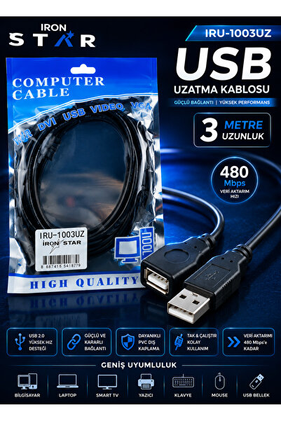 IRONSTAR USB uzatma kablosu 3 metre / USB erkek dişi uzatma kablosu 3m / USB ...