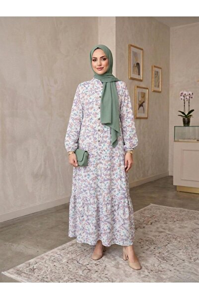 ECEYLÜL MODA Rochie musulmană din bumbac modal cu imprimeu floral - Rochie ca...