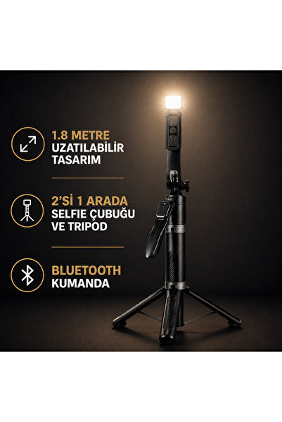 Coverzone 1.8M LED Işıklı Bluetooth Selfie Çubuğu Tripod Kablosuz Telefon Sta...