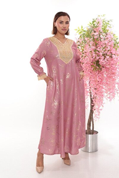 JERFİ Women's Plus Size Stylish Gold Detail Stone Printed Dress