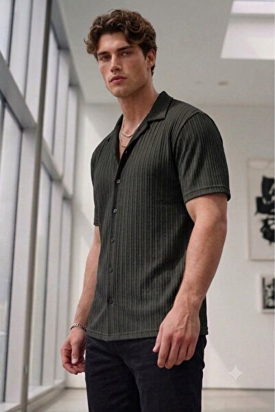 NO 601 Men's Black Marcussa Striped Short Sleeve Summer Shirt