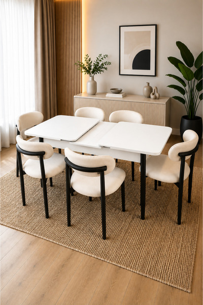 DEREN HOME Calvins Serisi 80x130 Açılabilir Masa 6 Adet Silinebilir Sandalye ...