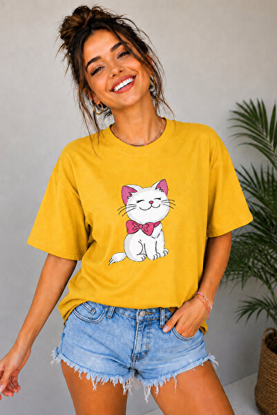 ArtYus Tricou unisex supradimensionat cu imprimeu cu pisică drăguță și papion...