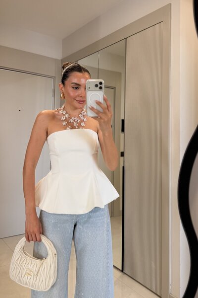 Gizem Ecemiş Federica Beyaz Straplez Peplum Büstiyer