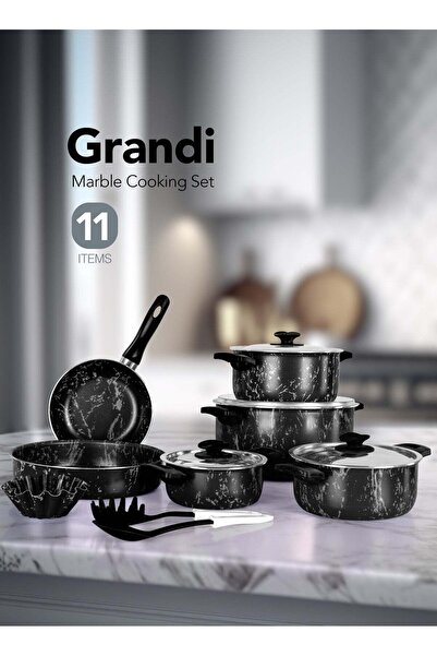GRANDİ 11 Pieces Marble Cook Set Aluminum Pots And Pans - Non-Stick Surface -...