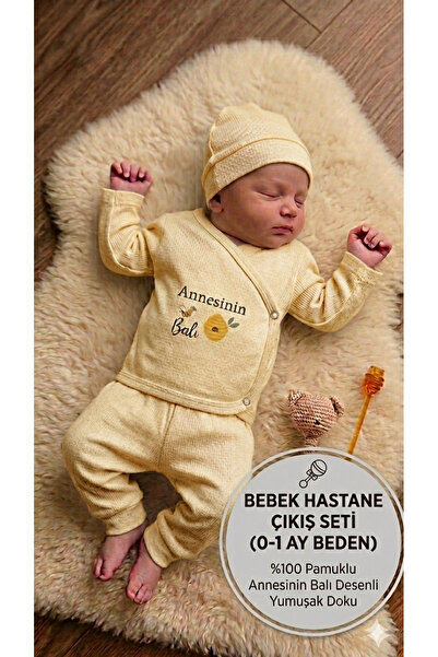 Organik Dokulu Annesinin Balı Desenli Premium Bebek Hastane Çıkış Takımı