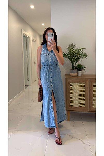 BİRCANÇİL Zr Kalira Blue Sleeveless Belted Denim Dress