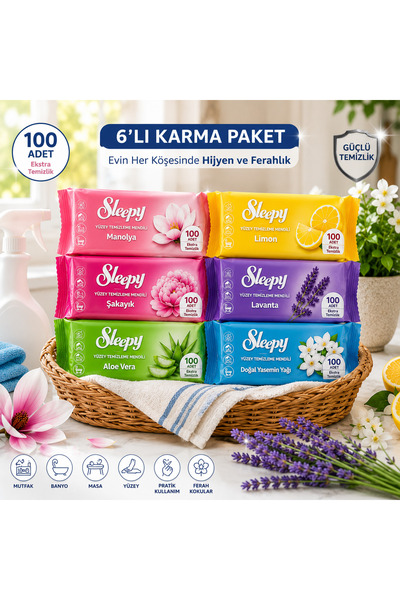 Sleepy Yüzey Temizleme Mendili 6'lı Karma Paket Manolya Şakayık Aloe Vera Lim...