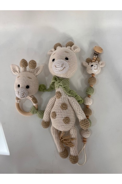 TOIVOS El Yapımı Amigurumi Zürafa Bebek Seti | Örgü Oyuncak + Emzik Klipsi + ...
