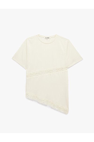 Koton Cotton Lace Detailed Crew Neck Short Sleeve Asymmetrical T-Shirt