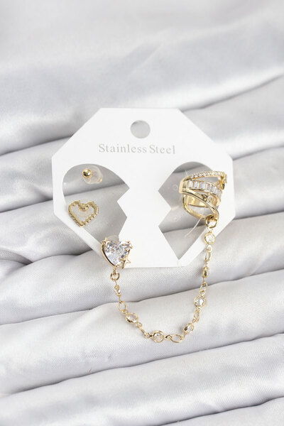 OGHAMAY Brass Gold Color Heart Model Chain Linked Ear Cuff Earring Set