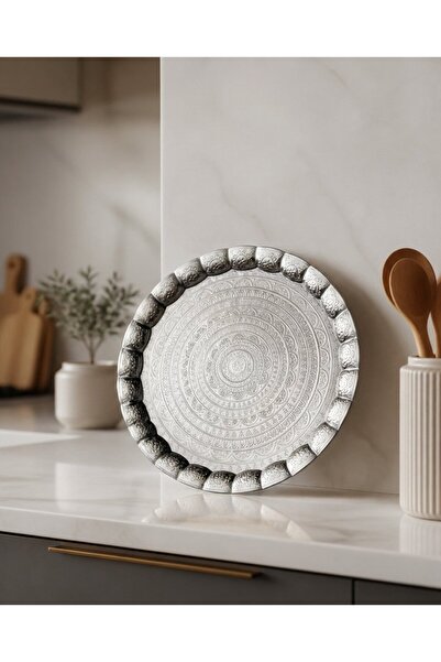FAIR HOME Silver Color Motif Metal Round Luxury Serving Tray – 35 cm