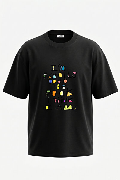 Anetos Tricou oversize negru din bumbac, cu design colorat, scris de mână și ...