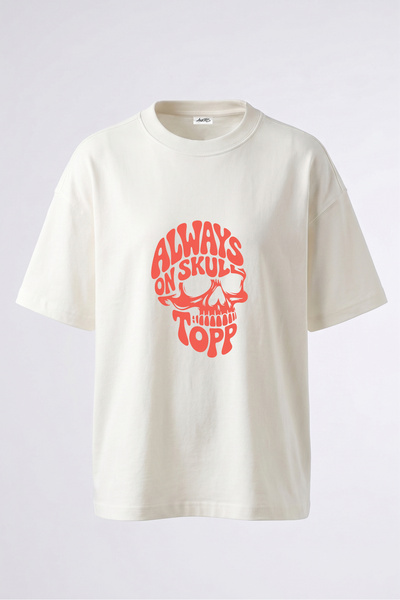 Anetos Tricou oversize alb din bumbac cu imprimeu text și design craniu pe spate
