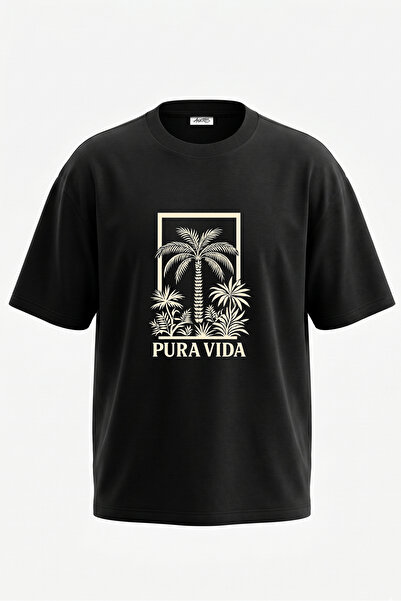 Anetos Tricou oversize negru din bumbac cu imprimeu pe spate Pura Vida Palm D...