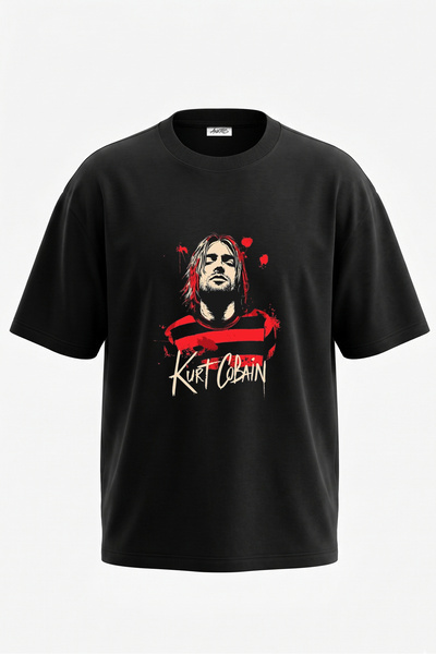 Anetos Tricou oversize negru din bumbac cu imprimeu pe spate Kurt Cobain Design