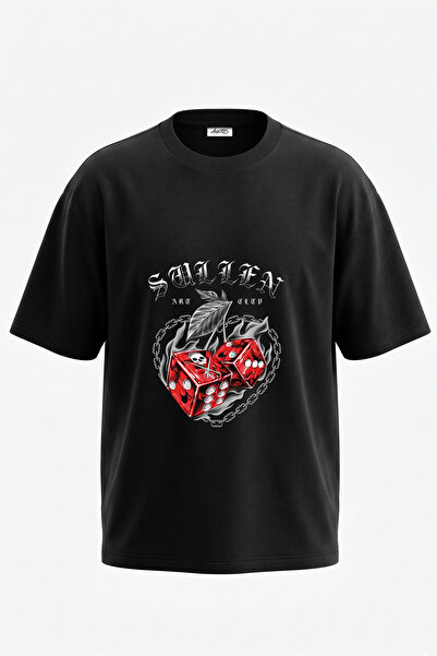 Anetos Tricou oversize negru din bumbac cu imprimeu Zar Dry Head Design pe spate