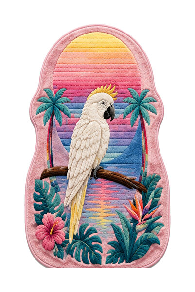 Rugs Modern Halı SDT Özel Kesim Tropikal Papağan ve Palmiye Desenli Pembe Dok...