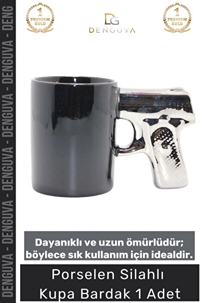 Denguva # كوب بورسلين هدية بتصميم أسود غير لامع مع مقبض على شكل مسدس، إكسسوار...