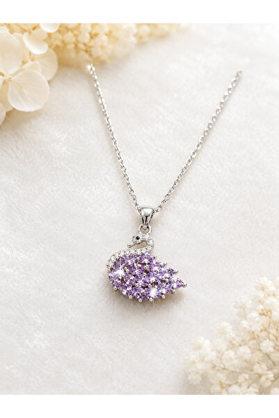 Lilith Takı Lilac Stone Swan Figured Women's Necklace – Elegant and Sparkling...