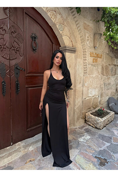 kırmızı butiks فستان أسود بفتحة مزدوجة من الخلف