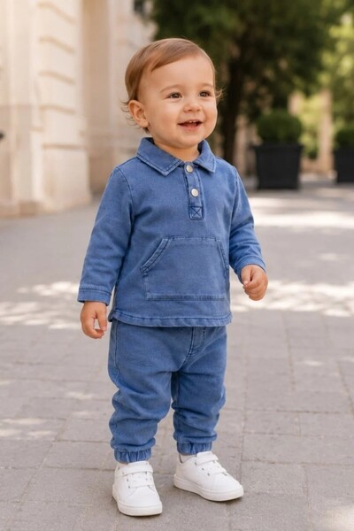 Tuğra Bebe Baby Boy Polo Collar Kangaroo Pocket Double Set Jeans Look Buttone...