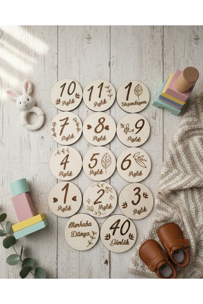 ih ihra 14 Piece Laser Engraved Baby Monthly Photo Cards - Wooden Baby Develo...