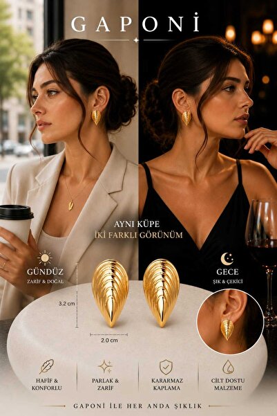 Gaponi Midye Küpe Gold ve Silver Renk Seçenekli Büyük Boy Premium Kadın Küpe