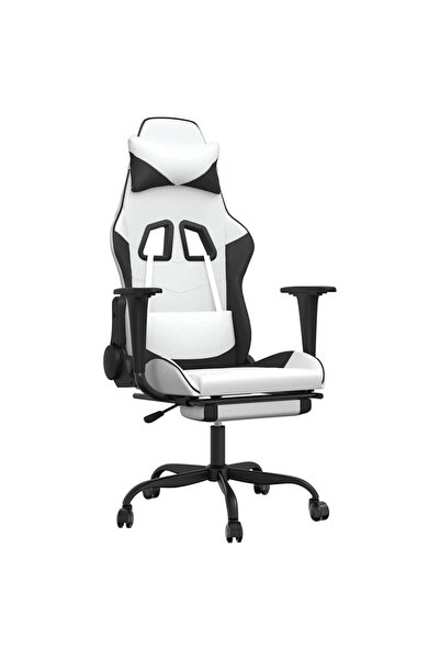 vidaxl Scaun de gaming masaj/suport picioare alb/negru piele