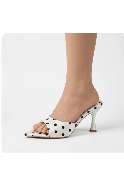 yıldızpark White Polka Dot Satin Women's Heeled Slippers