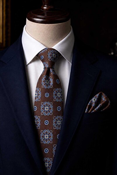 Kravatkolik Brown Motif Pattern Classic Tie with Handkerchief Kk13735