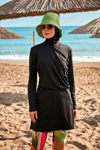 Marina Costum de baie cu model negru, complet acoperit, cu hijab, set de 4 pi...