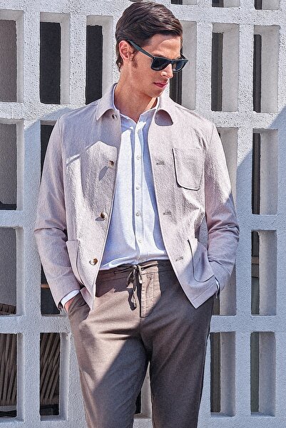 İmza Beige Berber Collar Striped Patterned Seersucker Slim Fit Casual Coat 10...