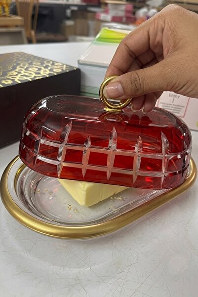 DECOSTYLE وعاء زبدة زجاجي ذهبي مع غطاء ملون لتخزين وعرض الجبن